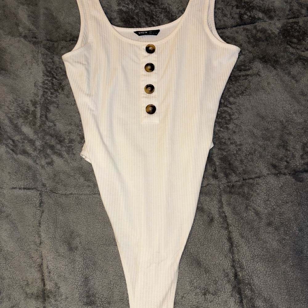 Shein Cream Ribbed Bodysuit with Button Detail